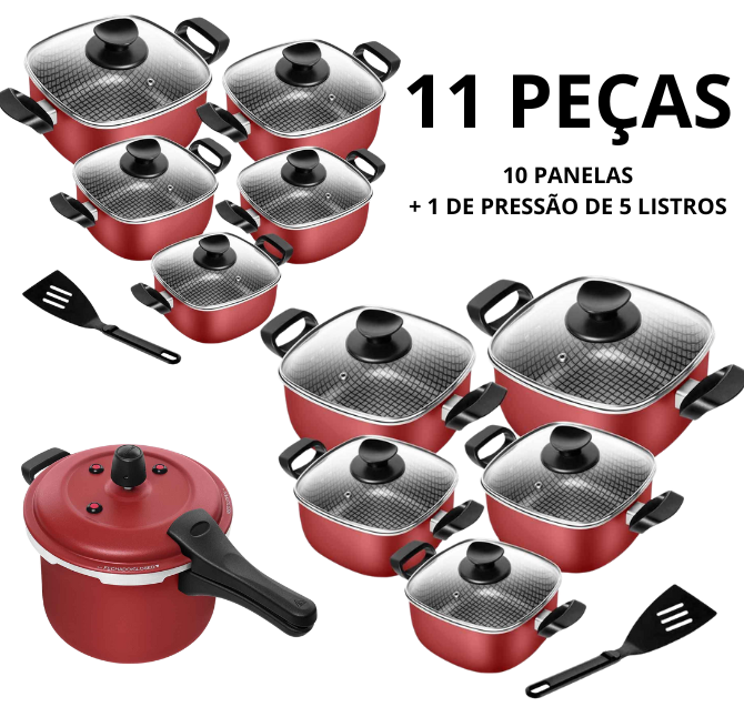 KIT COMPLETO: Panelas Quadradas Antiaderentes C/ Panela de Pressão + Kit Utensílios (Últimas unidades) - OFERTAÇO NIVER DA LOJA