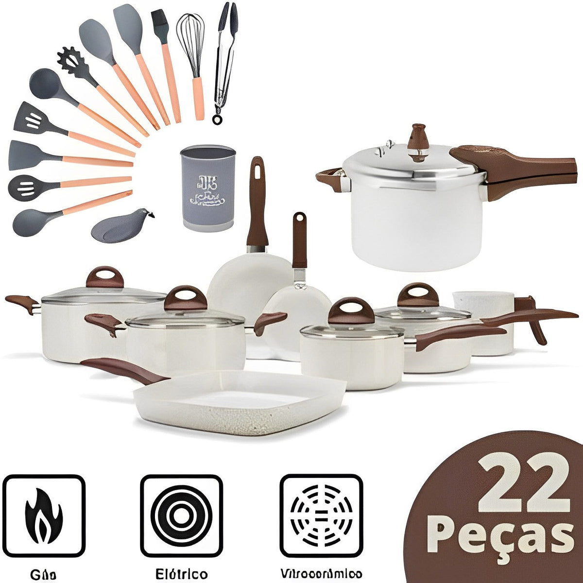 KIT COMPLETO: Antiaderentes Ceramic Premium  Vanilla C/ Panela de Pressão + Kit Utensílios em Silicone